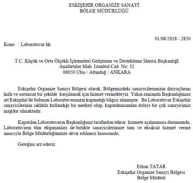 EOSB’nin, Metal Laboratuvarı’nın açılmasına ilişkin KOSGEB Başkanlığı’na gönderdiği resmi yazı.