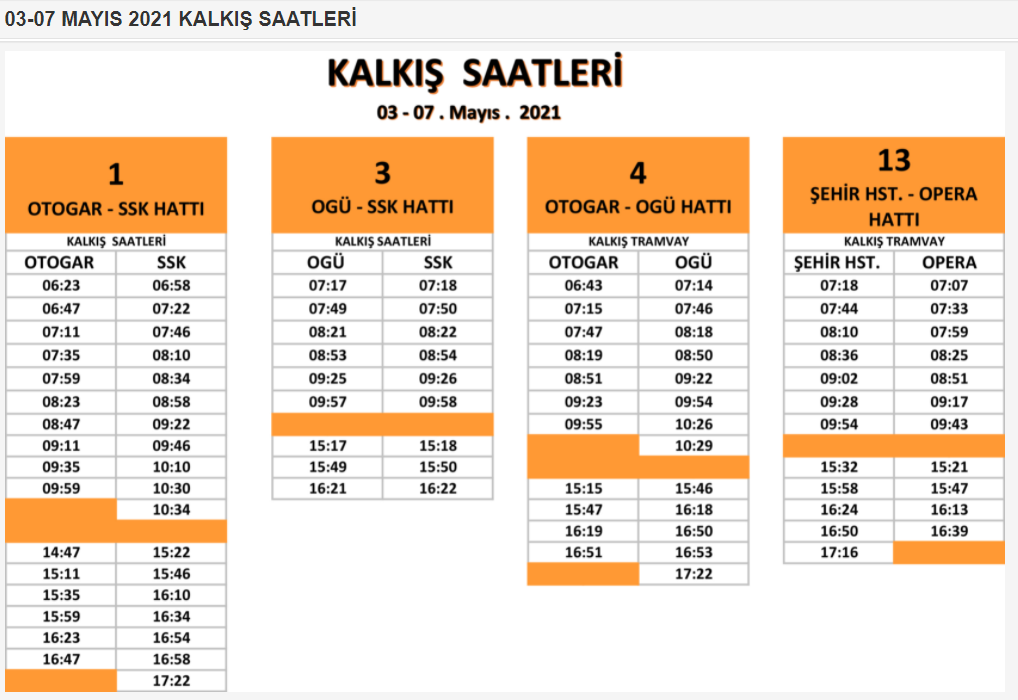 Eskişehir tramvay saatleri 3-7 Mayıs 2021