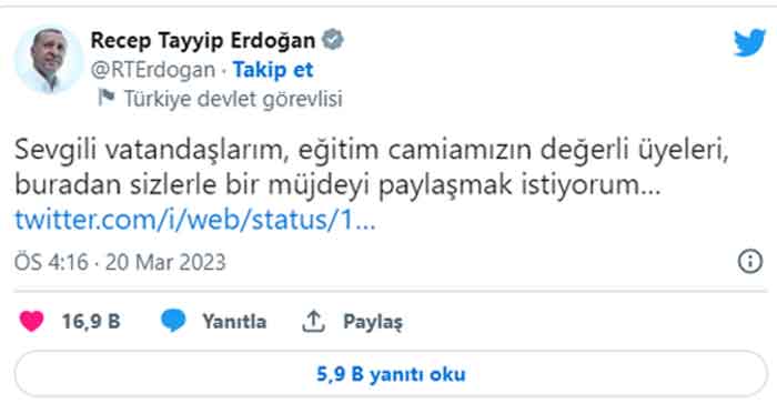 Erdoğan'dan atama müjdesi: 45 bin yeni öğretmen... 20.03.2023