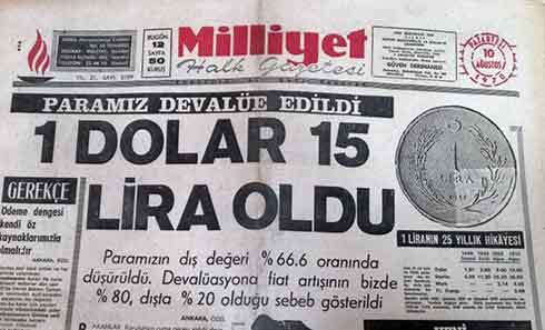 Türk Lirası Devalüe Edildi - 1970 gazete manşeti