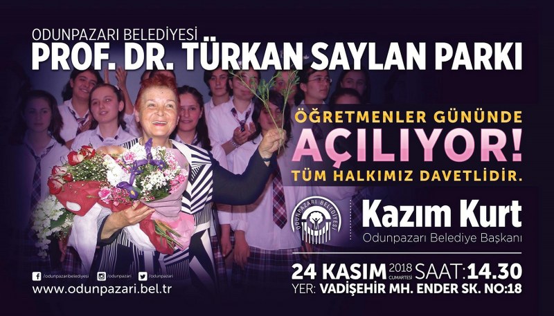 24 Kasım 2018 Cumartesi Günü saat 14.30’da Vadişehir’de bulunan Prof. Dr. Türkan Saylan Parkı ve Anıtı’nın açılışını yapacak olan Odunpazarı Belediyesi yine Vadişehir’de bulunan Halk Merkezi’ne de Prof. Dr. Türkan Saylan adını verecek. 