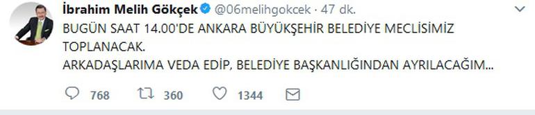 Melih Gökçek son tweet
