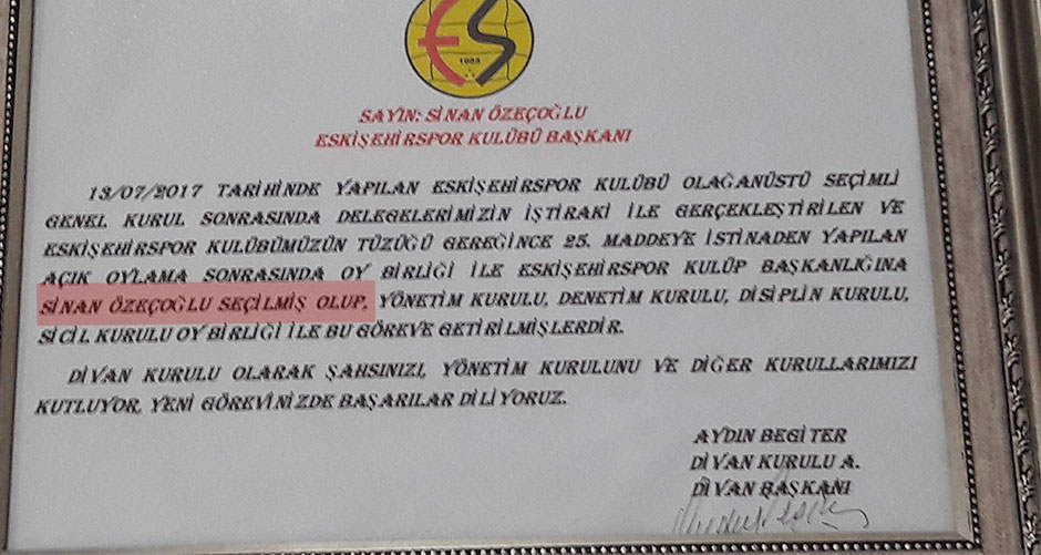 eskişehirspor Sinan Özeçoğlu mazbatası hazır