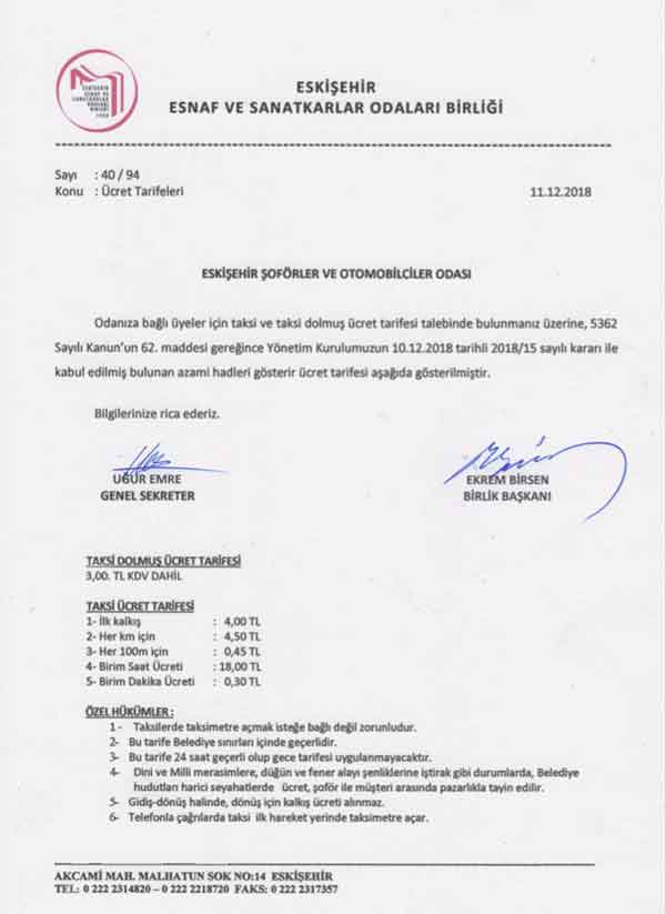 Eskişehir taksi ücret tarifesi