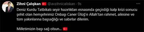 Zihni Çalışkan  Twitter mesajı 26 05 2021