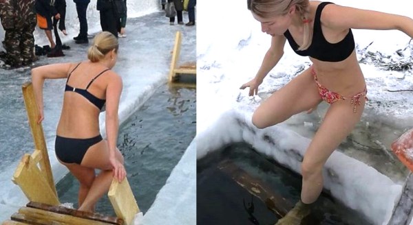 Karlar içinde buzlu suya böyle girdiler!