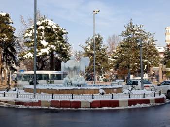 Afyonkarahisar’In Simgelerinden Flamingo Heykellerinin Buzla Kaplı Hale Görsel Şölen Oluşturdu
