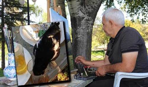 Eskişehirli ressamın sürpriz misafiri görenleri gülümsetti