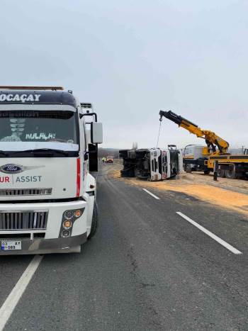 Hayvan Yemi Yüklü Kamyon Devrildi
