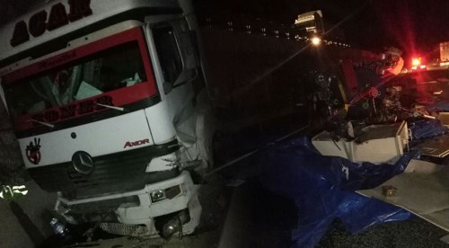 Makine yüklü tır devrildi: 2 yaralı