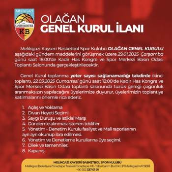Melikgazi Kayseri Basketbol'da Olağan Genel Kurul tarihi belli oldu