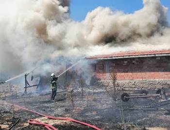 Tavşanlı’Da Ot Yangını Boş Besi Damına Sıçradı
