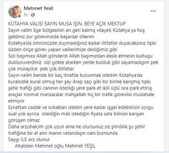 Yeşil’Den Vali Işın’A Mektup: "Kütahya’Da Ömrünüzde Duymadığınız Kadar İltifatlar Duyacaksınız"
