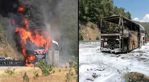 Yolcu otobüsü cayır cayır yandı